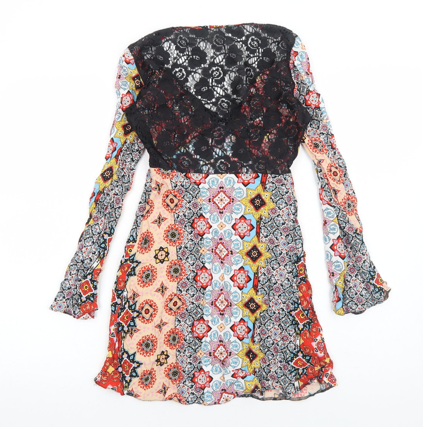 ASOS Womens Multicoloured Geometric Viscose Trapeze & Swing Size 8 V-Neck Zip