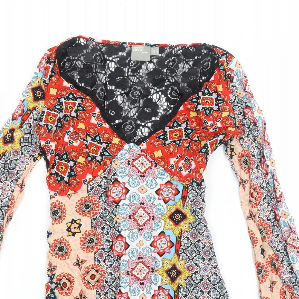ASOS Womens Multicoloured Geometric Viscose Trapeze & Swing Size 8 V-Neck Zip