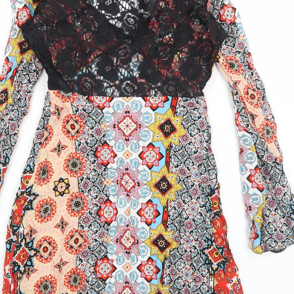 ASOS Womens Multicoloured Geometric Viscose Trapeze & Swing Size 8 V-Neck Zip