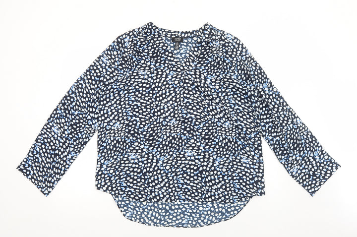 Jones New York Womens Blue Geometric Polyester Basic Blouse Size L V-Neck