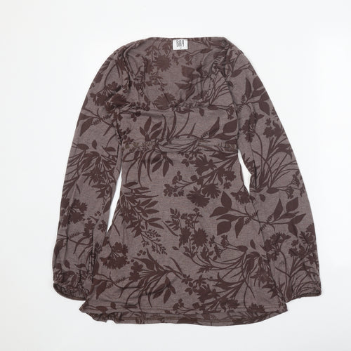 Bay Womens Brown Floral Polyester Tunic Blouse Size 12 Scoop Neck