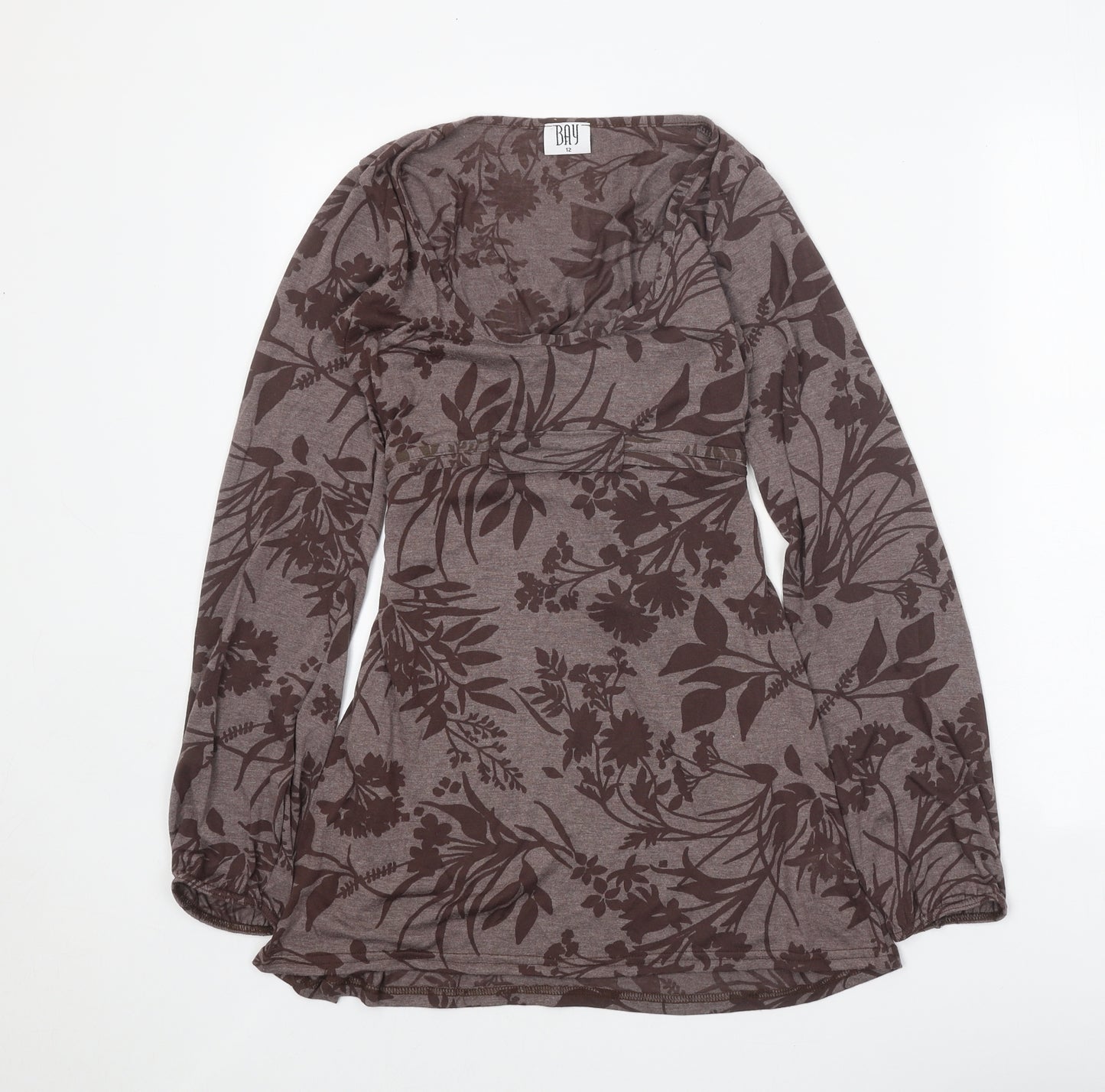 Bay Womens Brown Floral Polyester Tunic Blouse Size 12 Scoop Neck