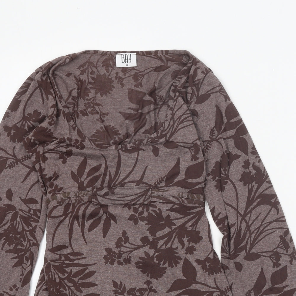 Bay Womens Brown Floral Polyester Tunic Blouse Size 12 Scoop Neck