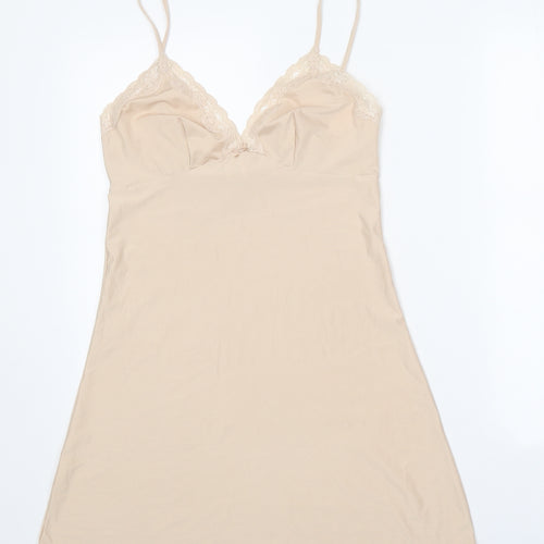 Preworn Womens Beige Polyester Slip Dress Size 12 V-Neck Pullover - Lace Trim