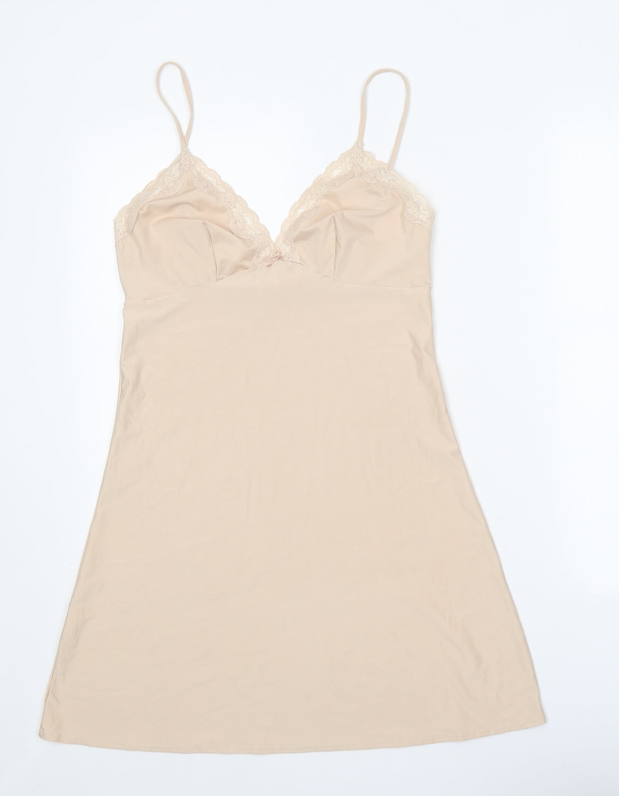 Preworn Womens Beige Polyester Slip Dress Size 12 V-Neck Pullover - Lace Trim