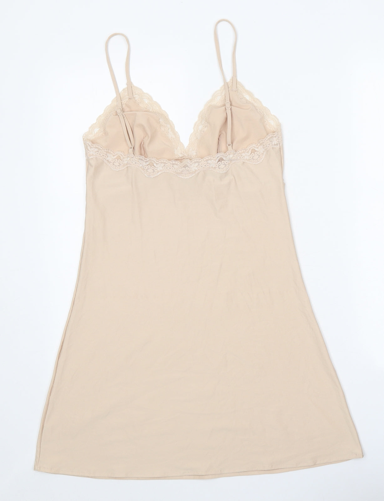 Preworn Womens Beige Polyester Slip Dress Size 12 V-Neck Pullover - Lace Trim
