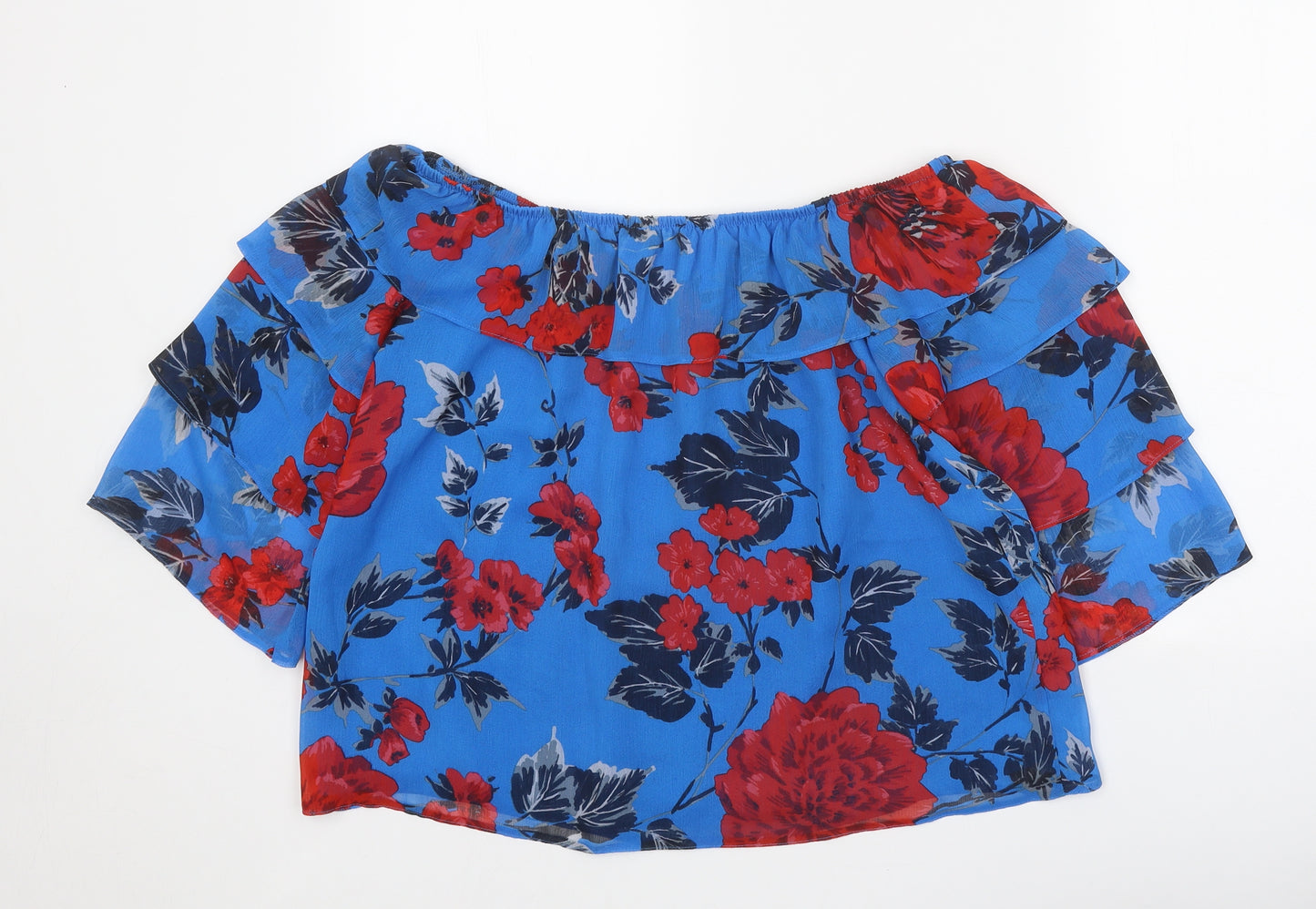 Papaya Womens Blue Floral Polyester Basic Blouse Size 12 Off the Shoulder