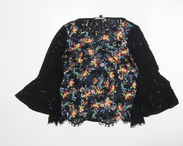 French Connection Womens Black Floral Polyester Basic Blouse Size M Boat Neck