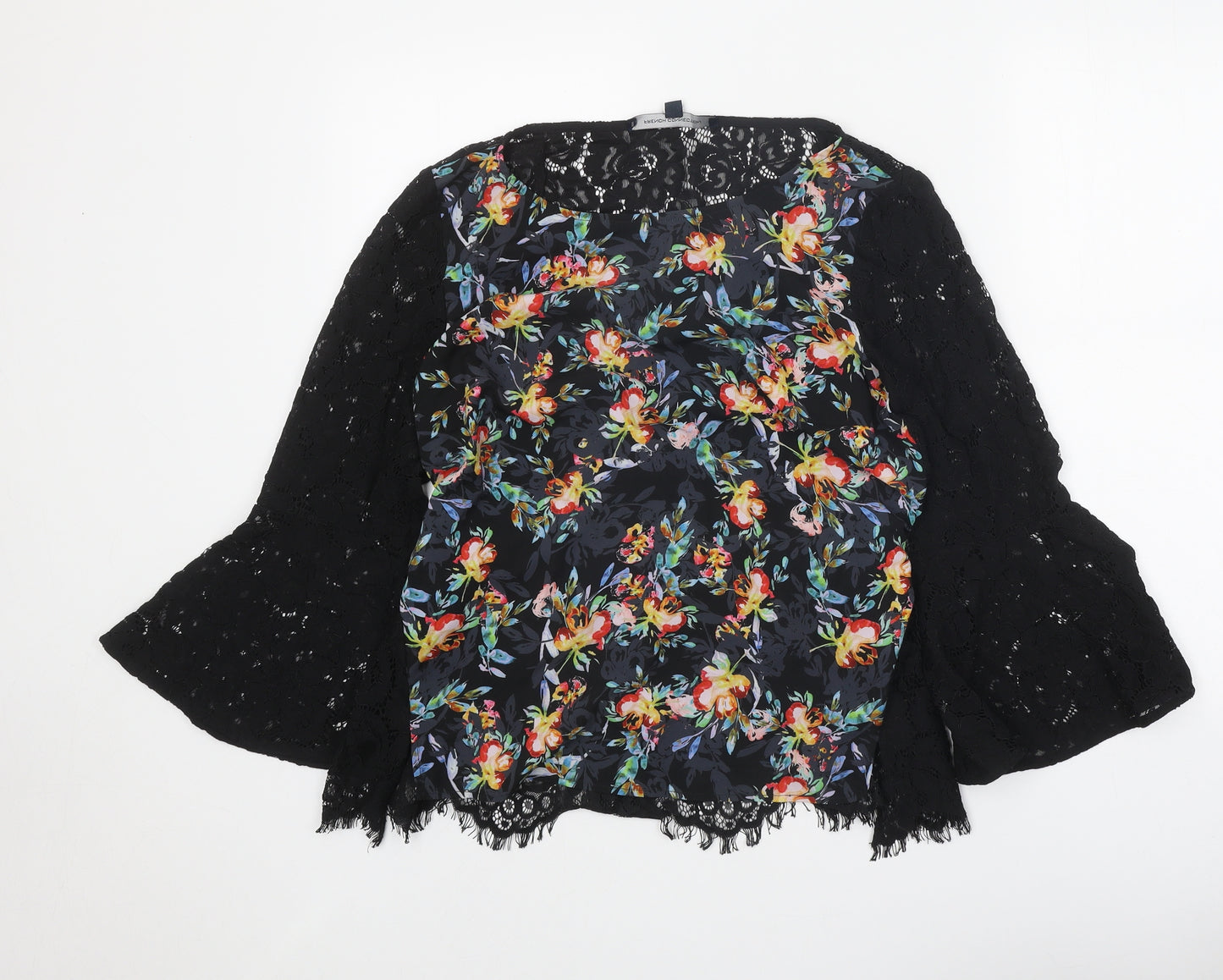 French Connection Womens Black Floral Polyester Basic Blouse Size M Boat Neck