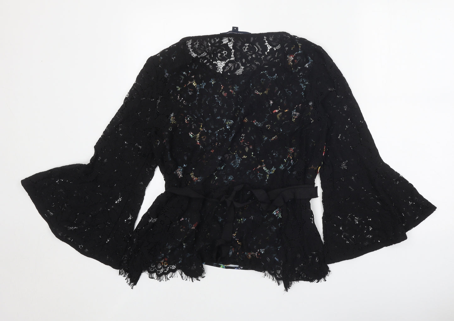 French Connection Womens Black Floral Polyester Basic Blouse Size M Boat Neck