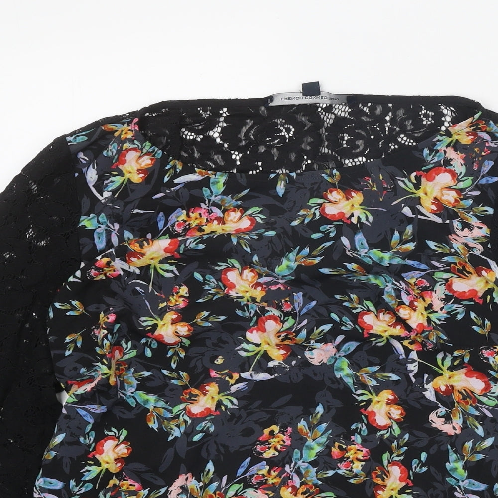 French Connection Womens Black Floral Polyester Basic Blouse Size M Boat Neck
