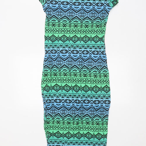 Select Womens Green Geometric Viscose T-Shirt Dress Size 10 Scoop Neck Pullover
