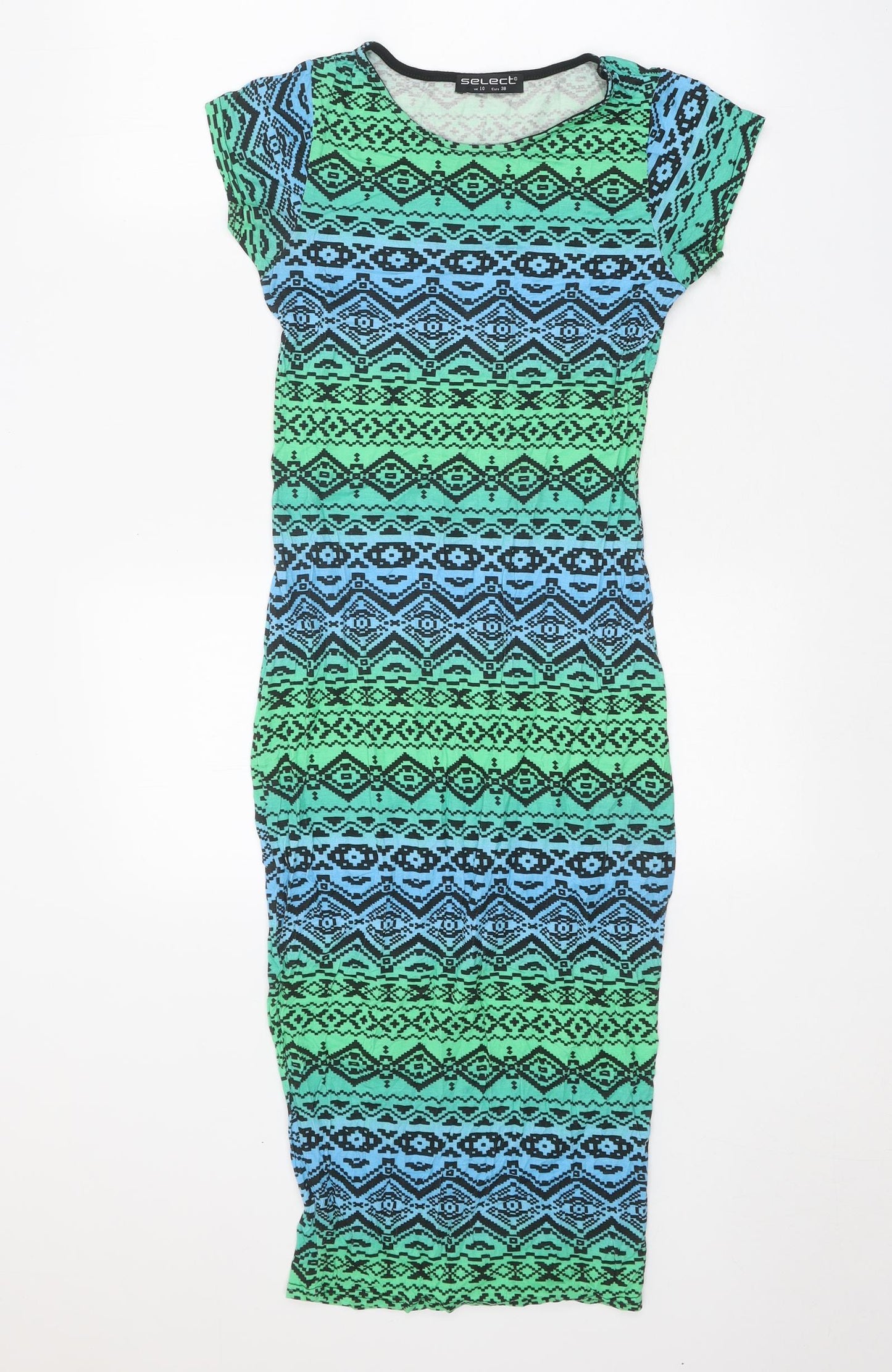 Select Womens Green Geometric Viscose T-Shirt Dress Size 10 Scoop Neck Pullover