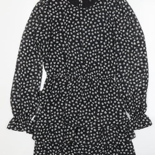 Divided Womens Black Floral Polyester Mini Size 10 Round Neck Button