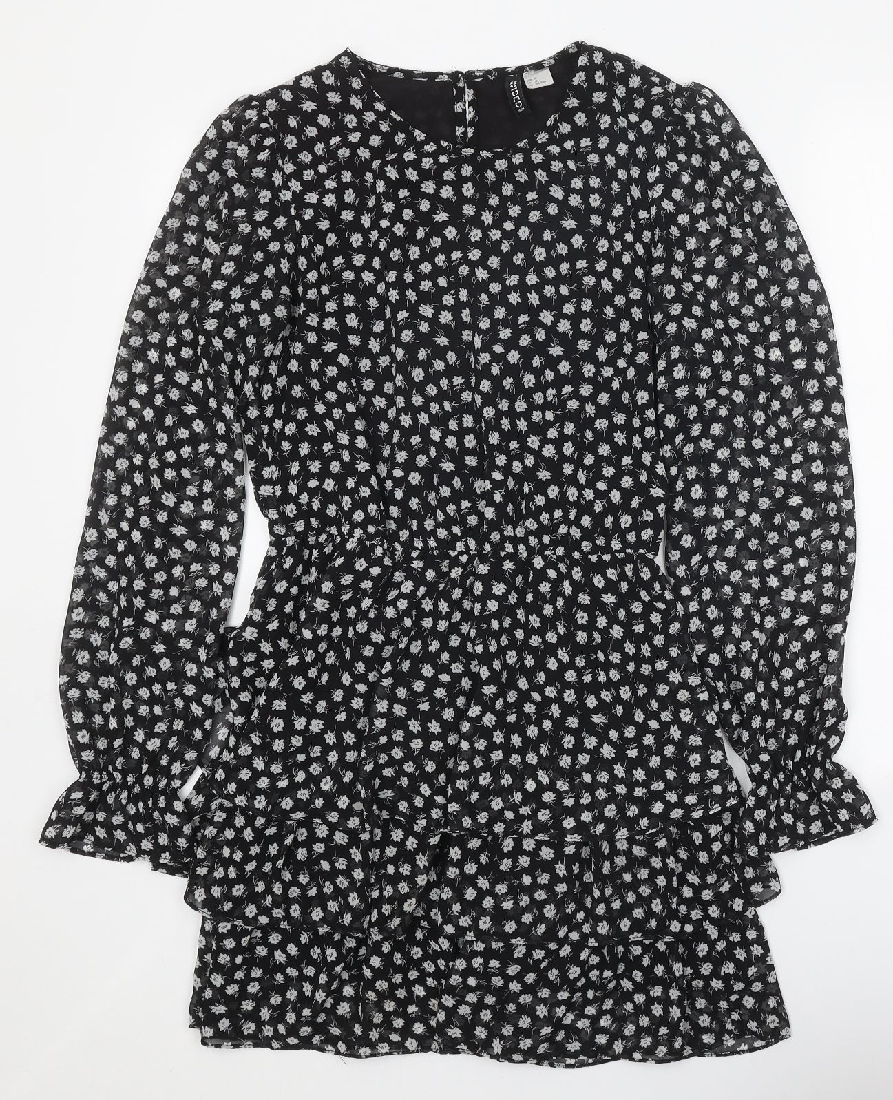 Divided Womens Black Floral Polyester Mini Size 10 Round Neck Button