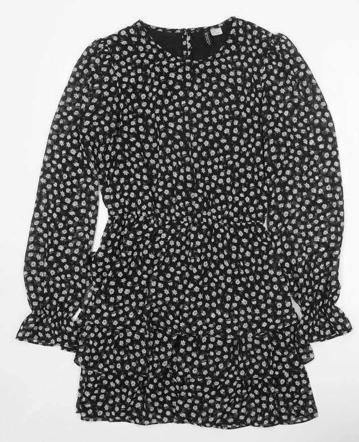 Divided Womens Black Floral Polyester Mini Size 10 Round Neck Button