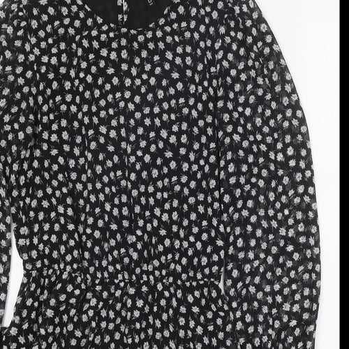 Divided Womens Black Floral Polyester Mini Size 10 Round Neck Button