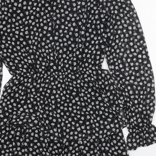 Divided Womens Black Floral Polyester Mini Size 10 Round Neck Button