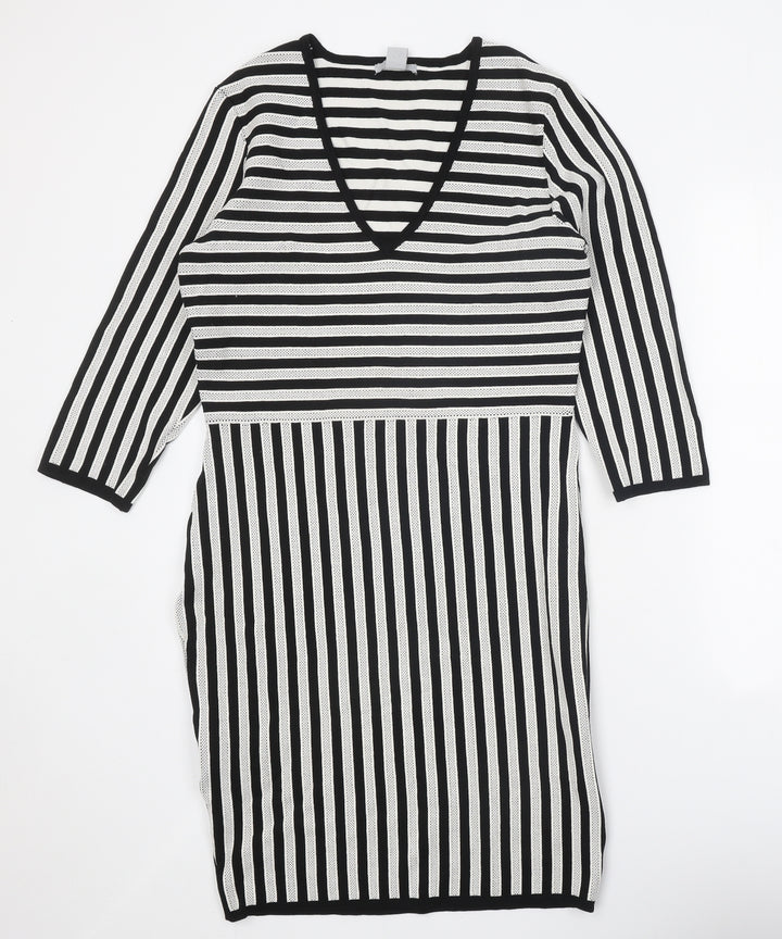 H&M Womens Black Striped Viscose Jumper Dress Size L V-Neck Pullover