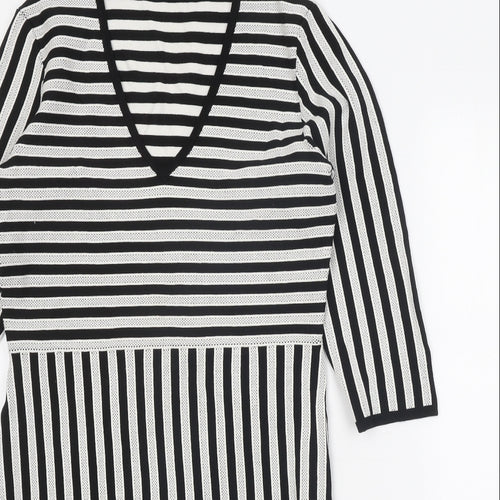 H&M Womens Black Striped Viscose Jumper Dress Size L V-Neck Pullover