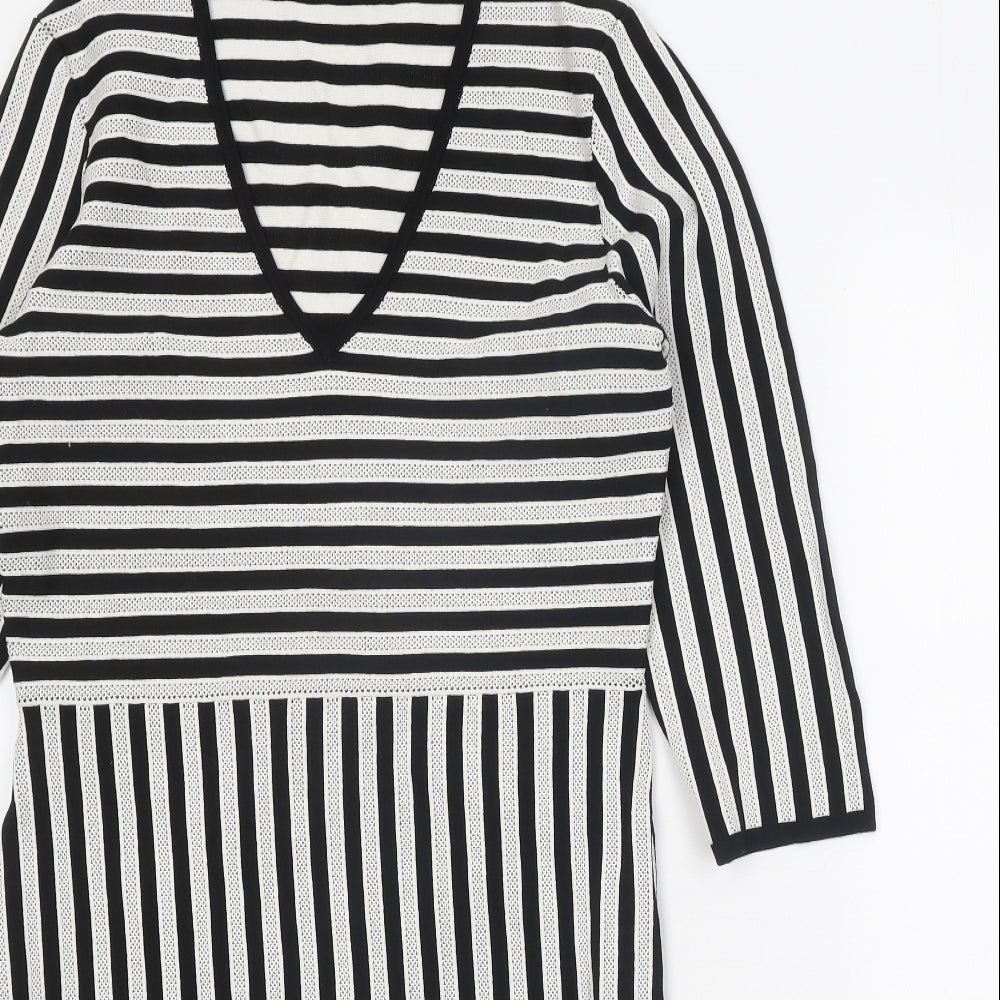 H&M Womens Black Striped Viscose Jumper Dress Size L V-Neck Pullover