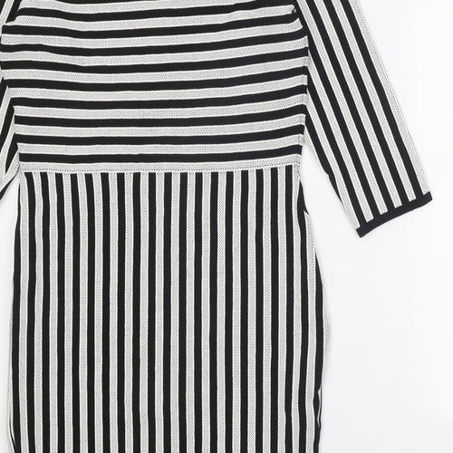 H&M Womens Black Striped Viscose Jumper Dress Size L V-Neck Pullover