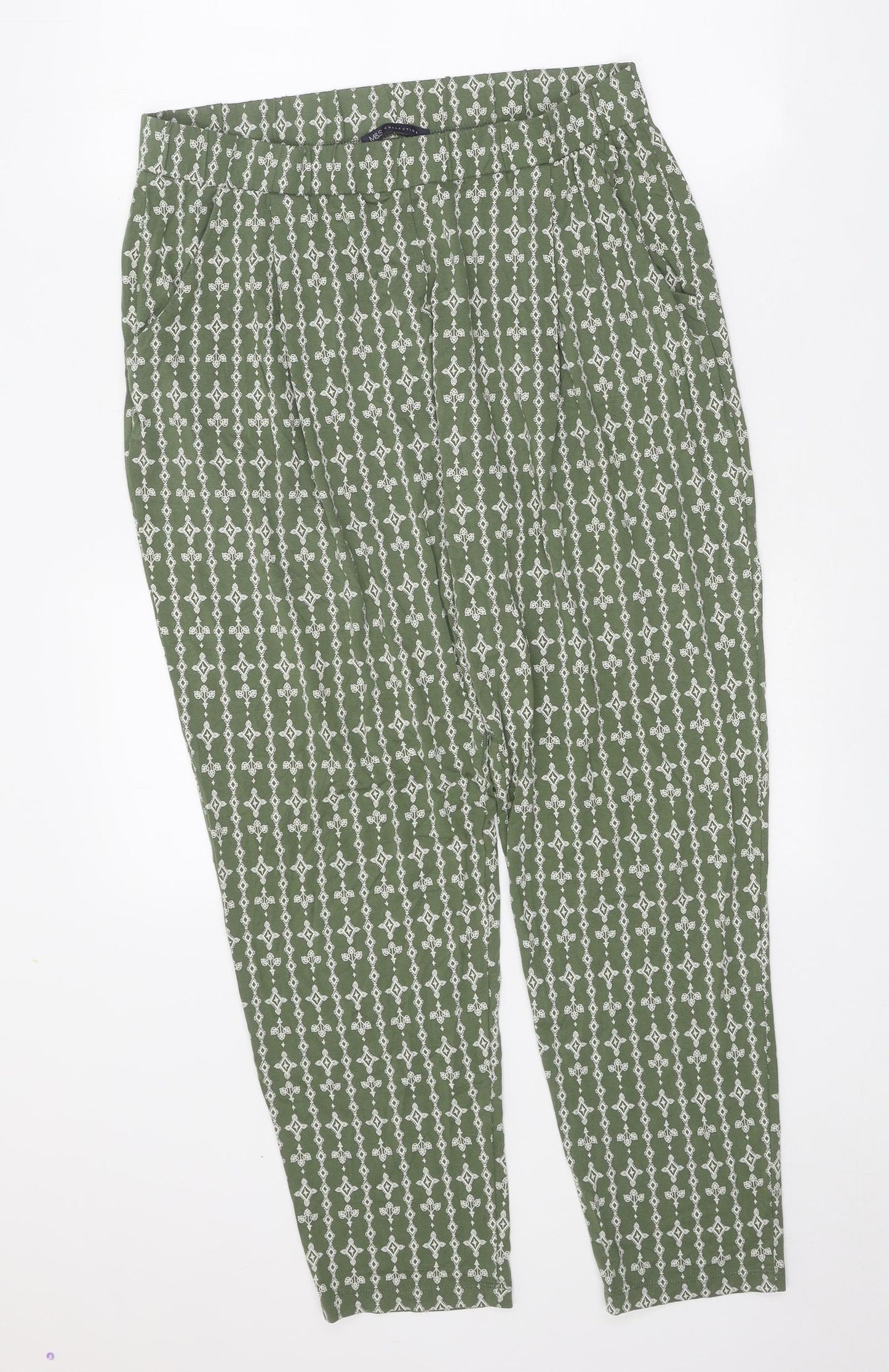 Marks and Spencer Womens Green Geometric Viscose Trousers Size 14 Regular