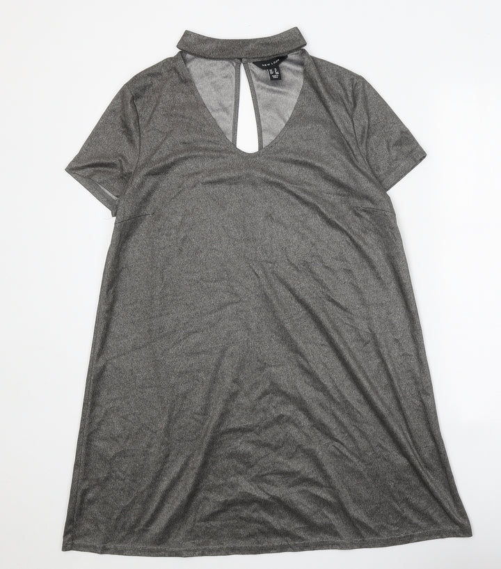 New Look Womens Grey Polyester T-Shirt Dress Size 10 Halter Button - Metallic
