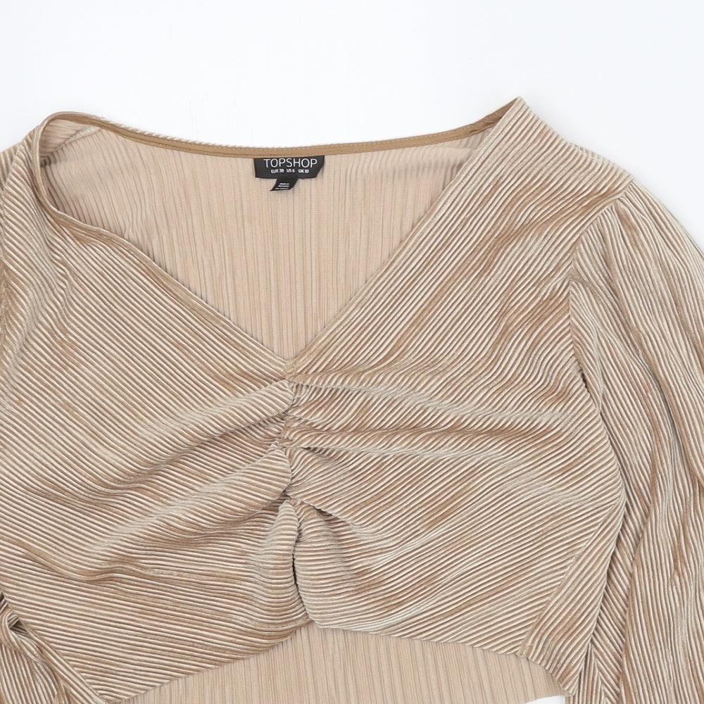 Topshop Womens Gold Polyester Cropped Blouse Size 10 V-Neck - Ruched Front