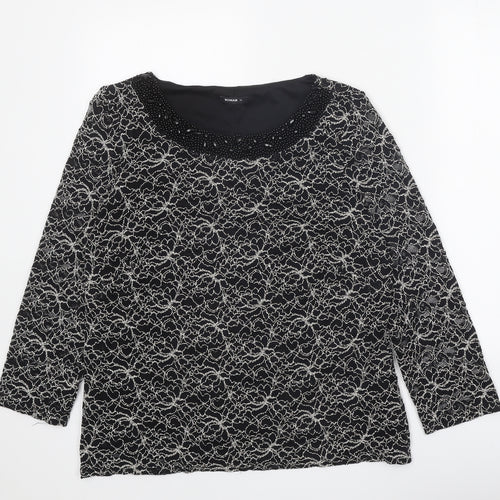 Roman Womens Black Geometric Polyamide Basic Blouse Size 18 Boat Neck - Embellished Neckline