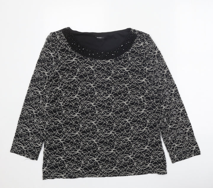 Roman Womens Black Geometric Polyamide Basic Blouse Size 18 Boat Neck - Embellished Neckline