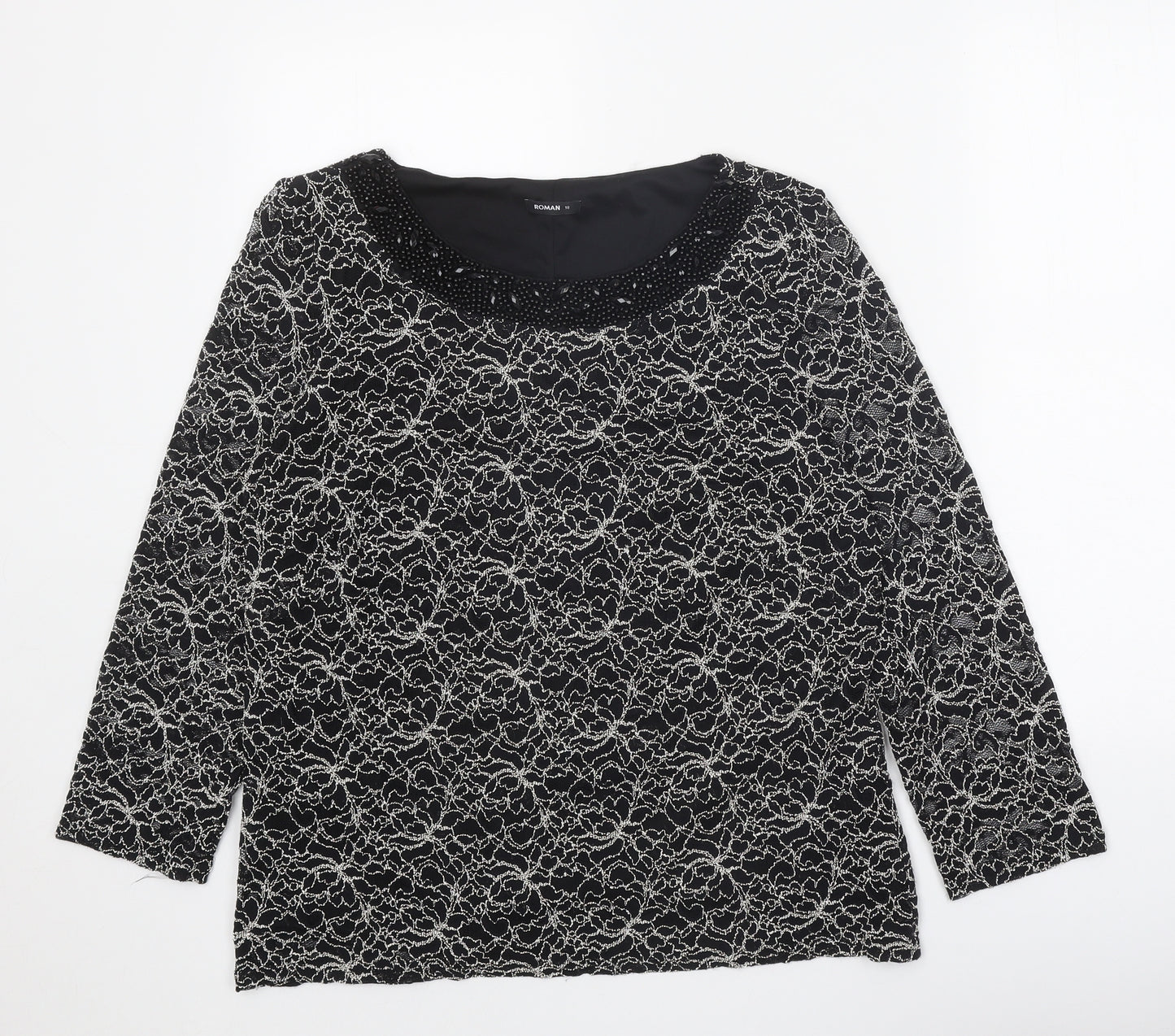 Roman Womens Black Geometric Polyamide Basic Blouse Size 18 Boat Neck - Embellished Neckline