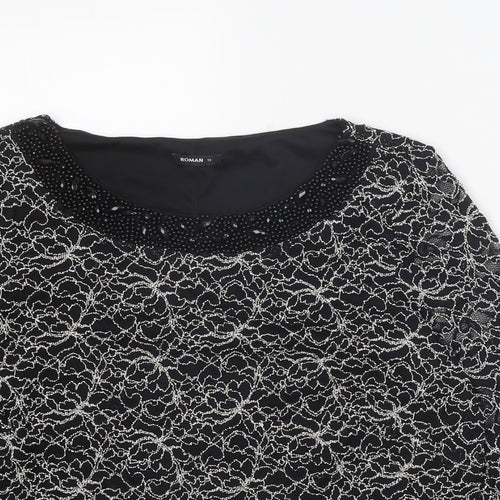 Roman Womens Black Geometric Polyamide Basic Blouse Size 18 Boat Neck - Embellished Neckline