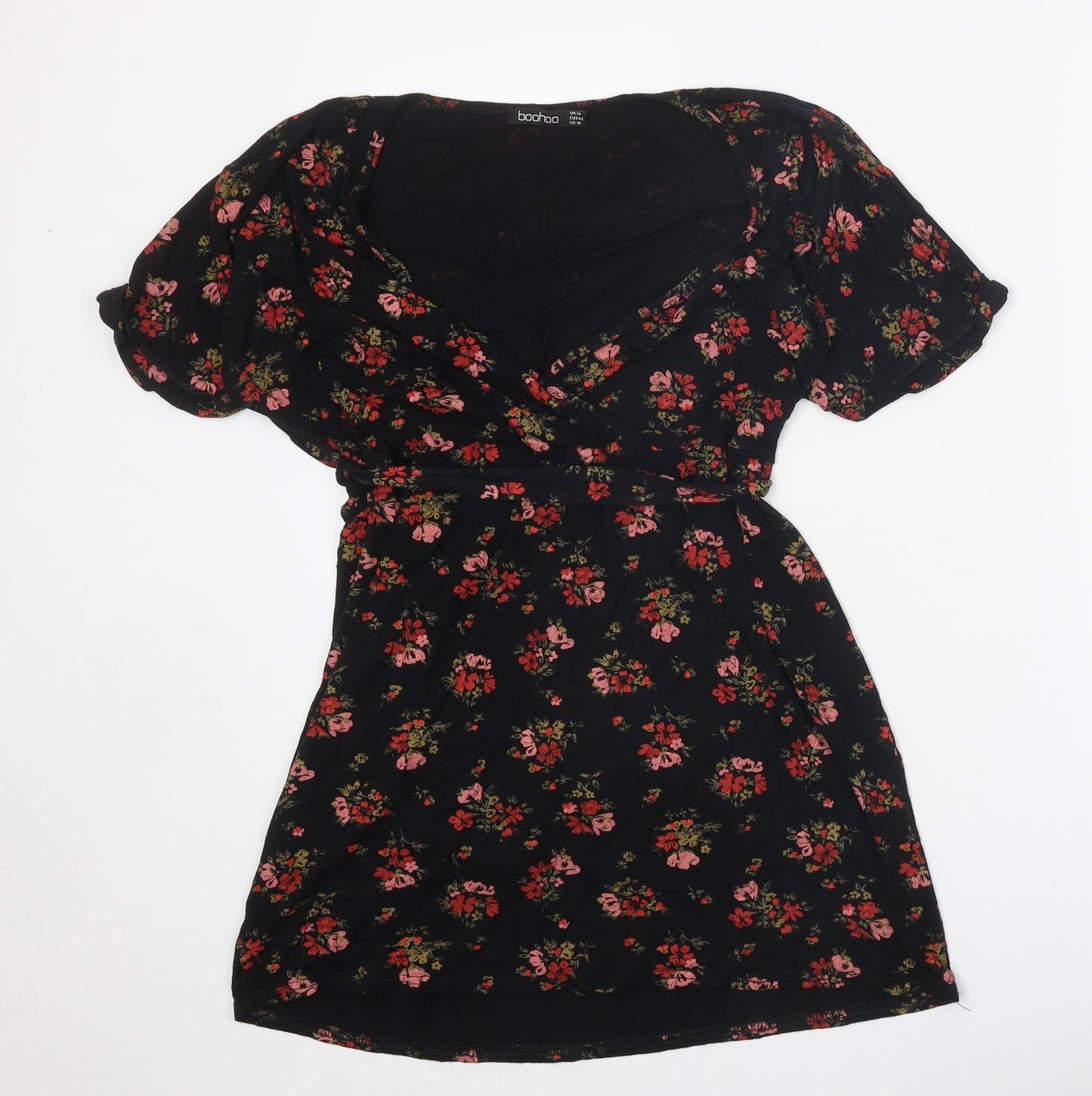 Boohoo Womens Black Floral Polyester Tunic Blouse Size 14 V-Neck