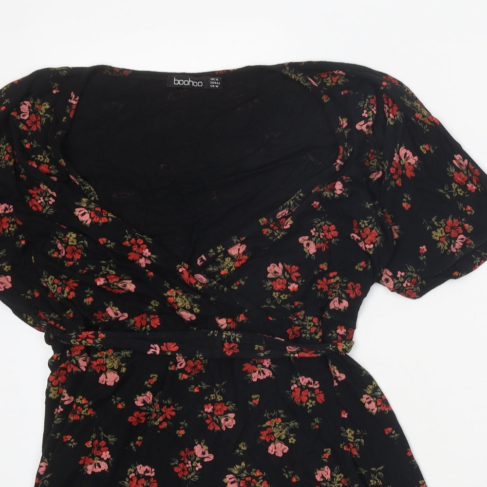 Boohoo Womens Black Floral Polyester Tunic Blouse Size 14 V-Neck