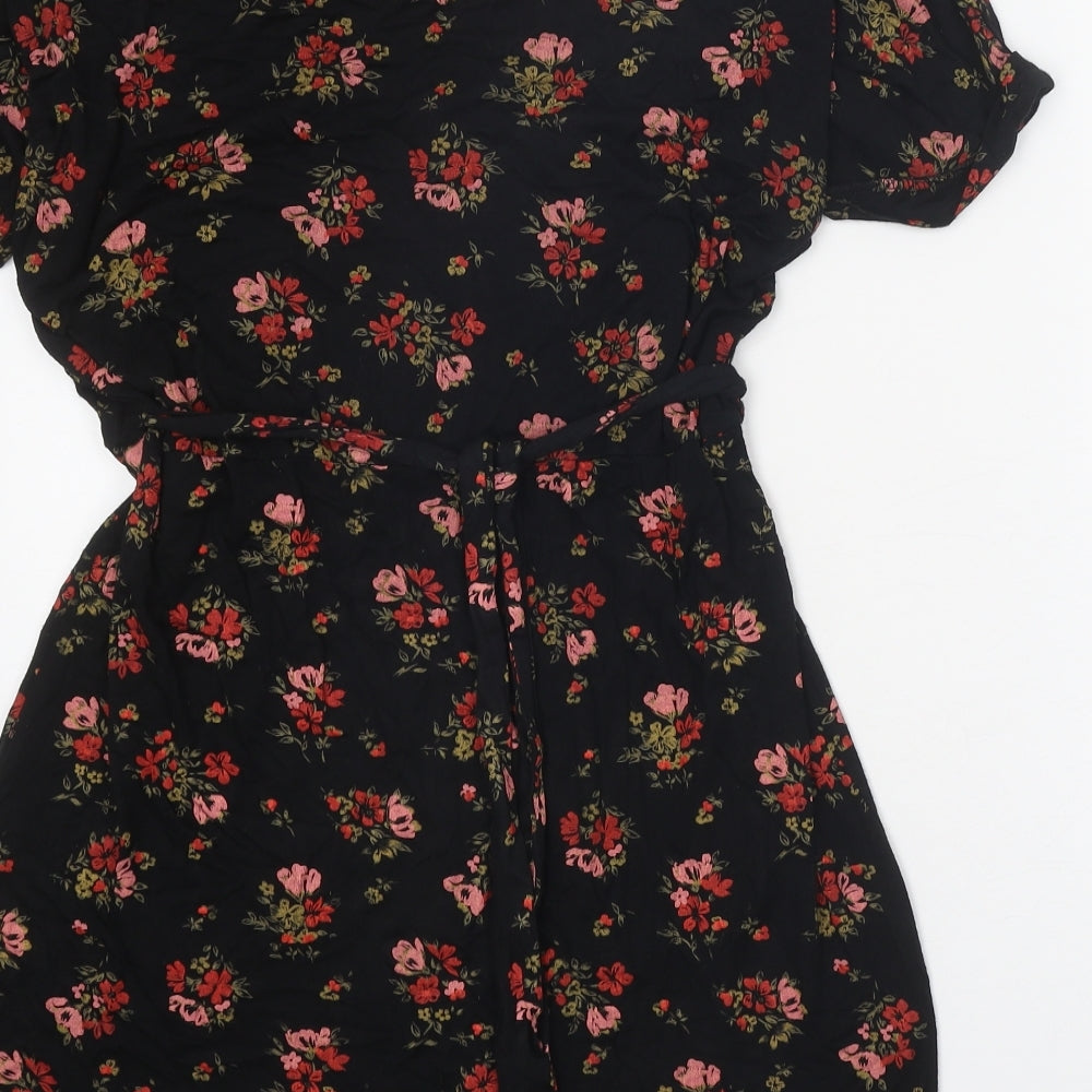 Boohoo Womens Black Floral Polyester Tunic Blouse Size 14 V-Neck