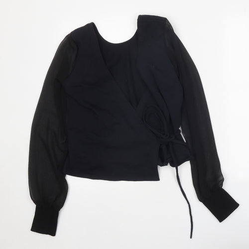 Manners London Womens Black Cotton Wrap Blouse Size M V-Neck - Chiffon Sleeves