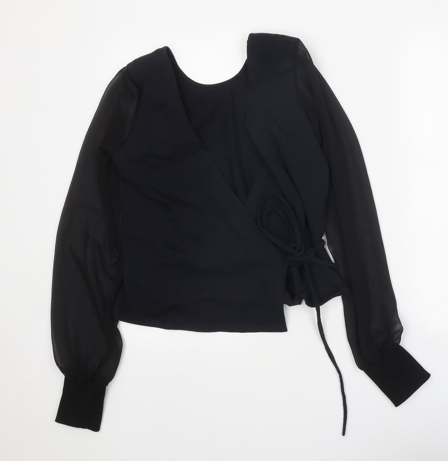 Manners London Womens Black Cotton Wrap Blouse Size M V-Neck - Chiffon Sleeves