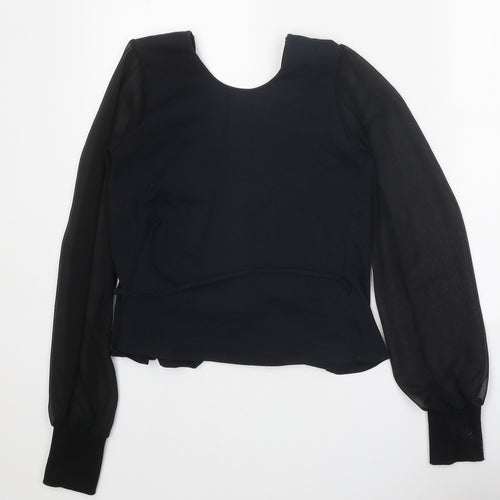 Manners London Womens Black Cotton Wrap Blouse Size M V-Neck - Chiffon Sleeves