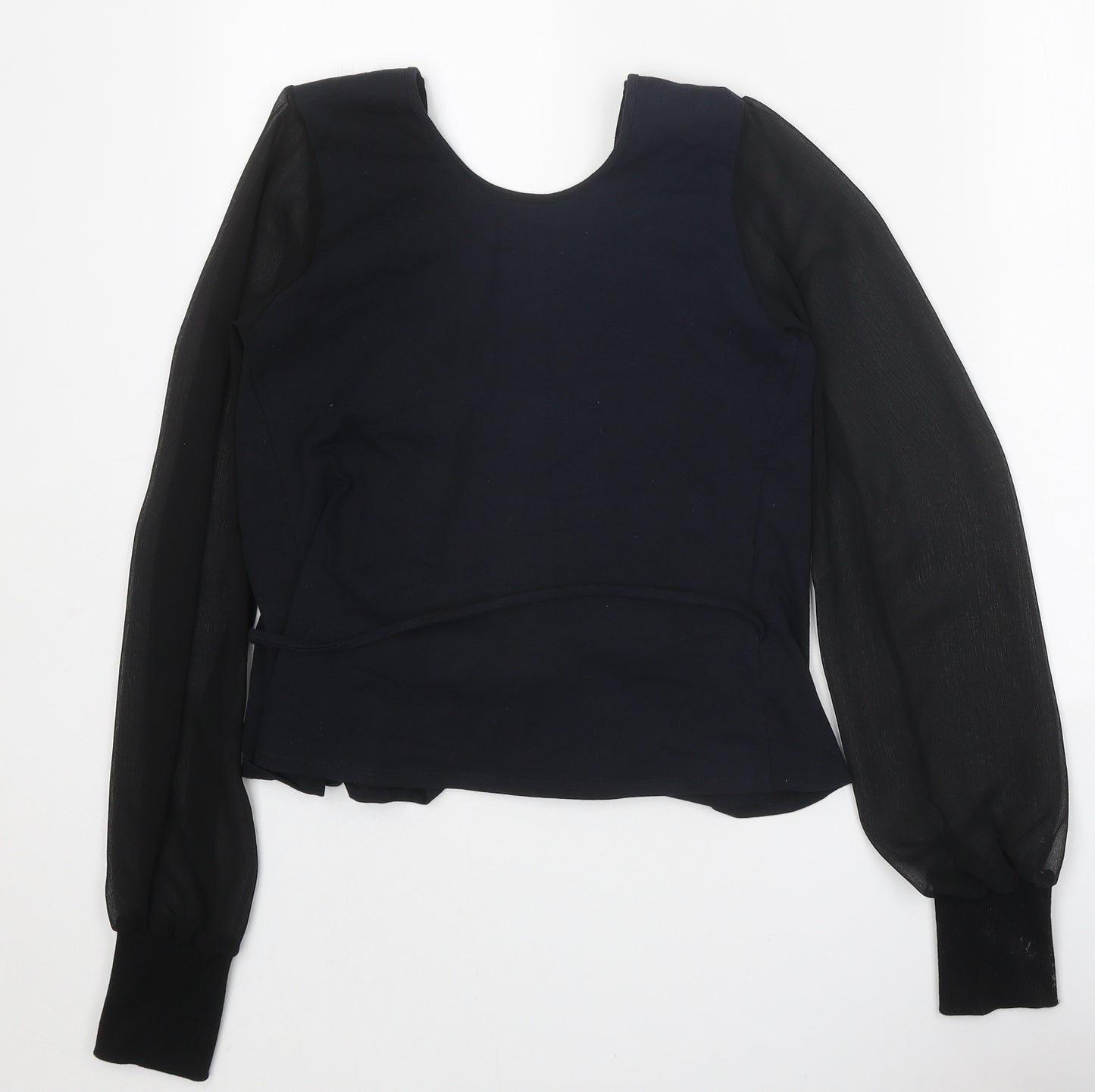 Manners London Womens Black Cotton Wrap Blouse Size M V-Neck - Chiffon Sleeves