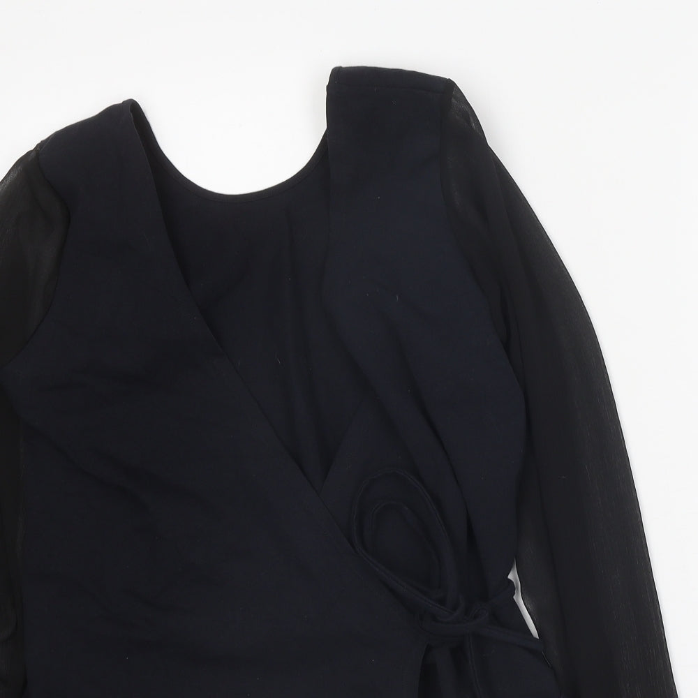 Manners London Womens Black Cotton Wrap Blouse Size M V-Neck - Chiffon Sleeves