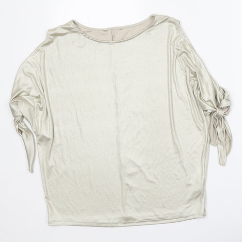 Preworn Womens Gold Polyester Basic Blouse Size 10 Boat Neck - Metallic Spilt Sleeve