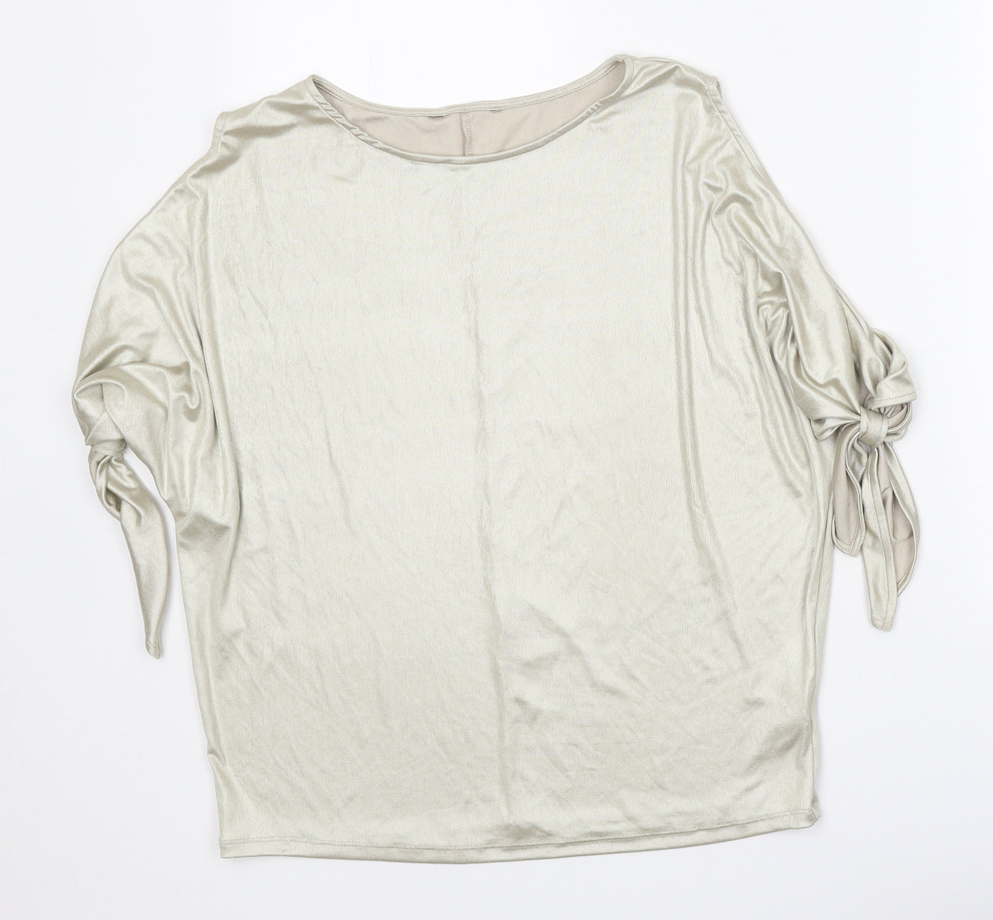 Preworn Womens Gold Polyester Basic Blouse Size 10 Boat Neck - Metallic Spilt Sleeve