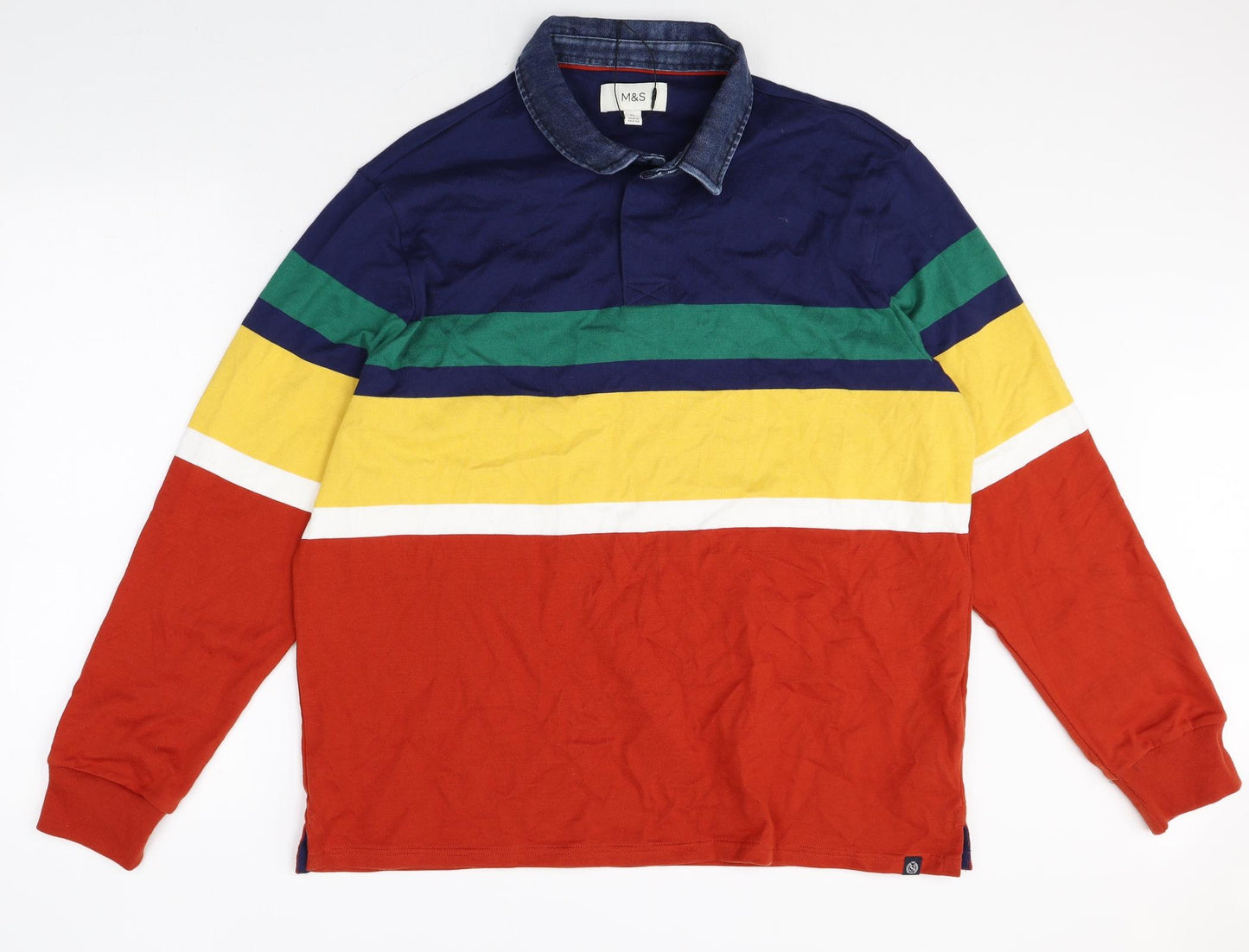 Marks and Spencer Mens Multicoloured Striped Cotton Polo Size XL Collared Button