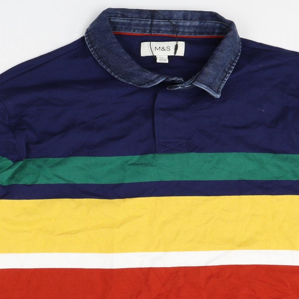 Marks and Spencer Mens Multicoloured Striped Cotton Polo Size XL Collared Button