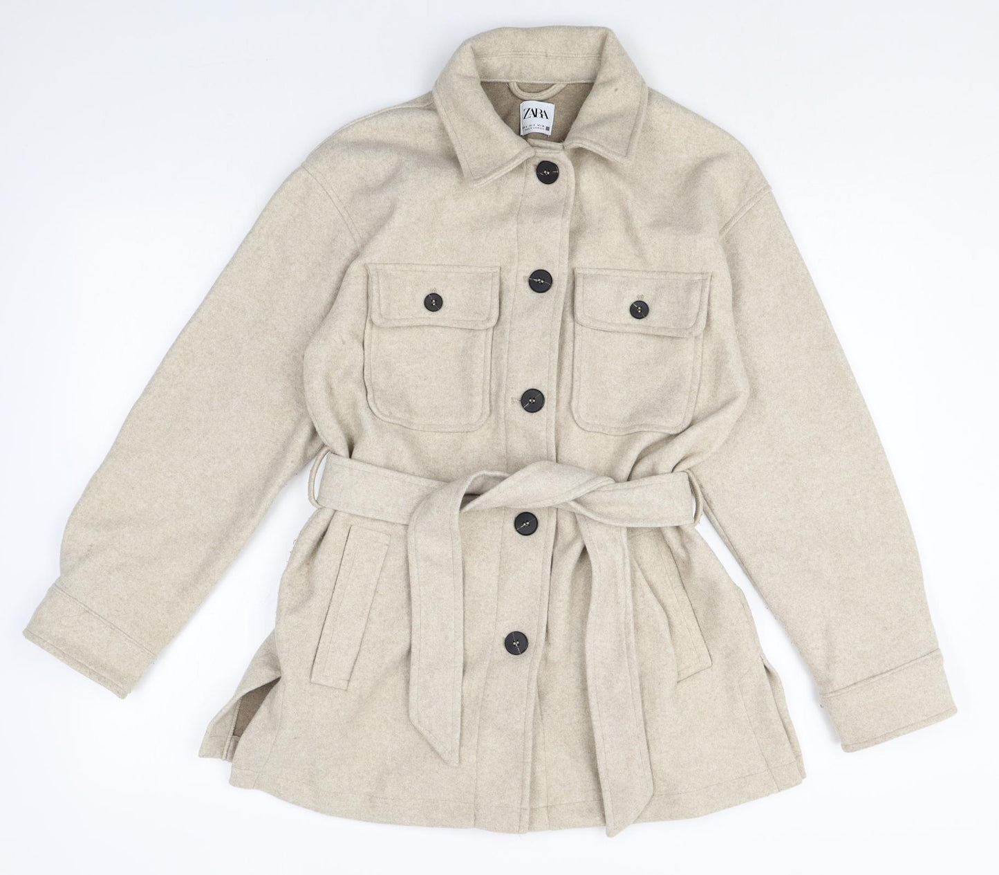 Zara Womens Beige Pea Coat Jacket Size S Button