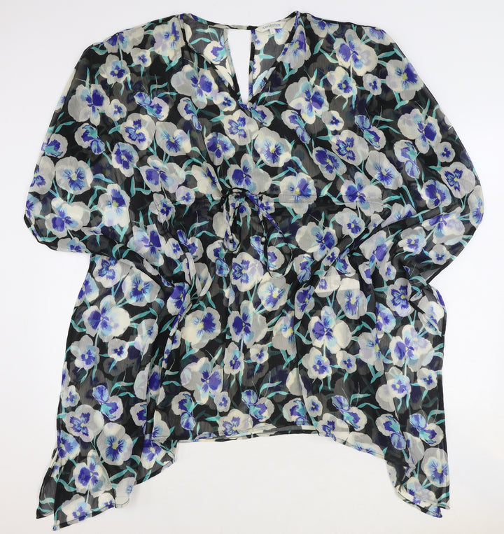 Debenhams Womens Blue Floral Viscose Tunic Blouse Size L V-Neck