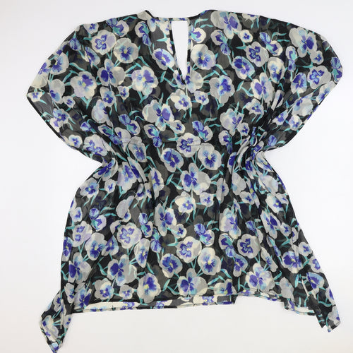 Debenhams Womens Blue Floral Viscose Tunic Blouse Size L V-Neck