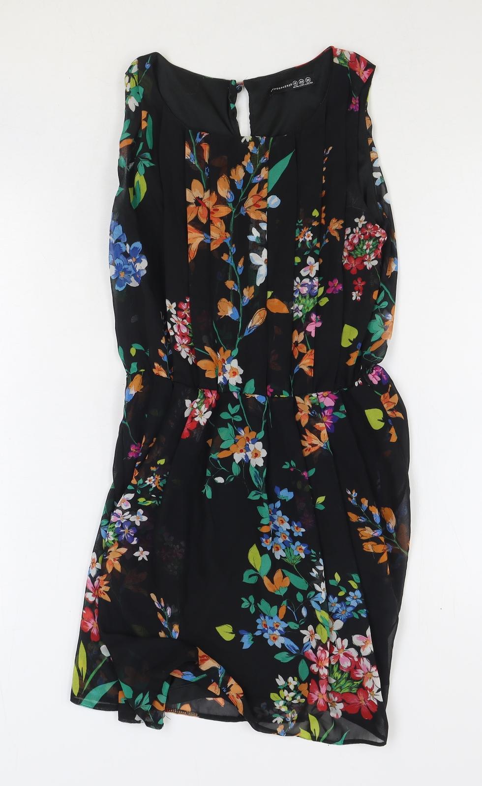 Atmosphere Womens Black Floral Polyester Fit & Flare Size 12 Scoop Neck Button
