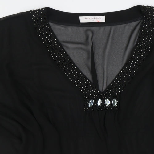 The Stockshop Womens Black Polyester Tunic Blouse Size S V-Neck - Embellished Neckline
